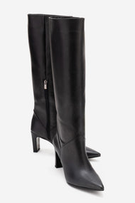 MERLA - Black Genuine Leather Block Heel Boot (Women)