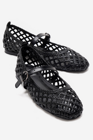 DOUX - Black Genuine Leather Braided Textured Band Ballet Flat (Women)
