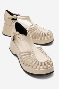 Barry - Beige Genuine Leather Woven Detail Wedge Heel Sandal (Women)