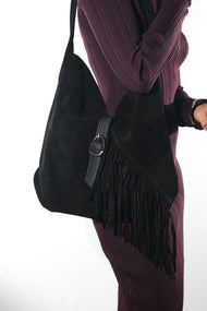 NOCHE - Black Genuine Suede Leather Tassel Shoulder Bag (Women)