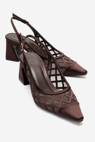 ALVERON - Cognac Satin Mesh Detail Block Heel Pump (Women)