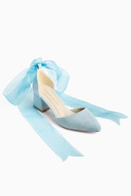 Fiona - Blue Suede Heels With Tulle Ribbon