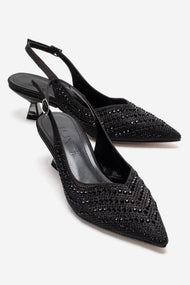 ROYALE - Black Satin Stone-Embellished Kitten Heel Evening Shoe (Women)