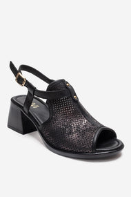 JANELLE - Black Genuine Leather Block Heel Sandal (Women)