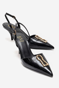 Yvella - Black Patent Buckle Pointed Toe Stiletto Pump (Women)