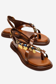HUSH - Cognac Genuine Leather Beaded Toe-Post Sandal (Women)