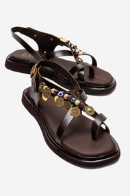 HUSH - Brown Genuine Leather Beaded Toe-Post Sandal (Women)