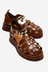 SOLIS - Tan Genuine Leather Beaded Sandal (Women)