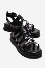 ELSA - Black Genuine Leather Multi-Strap Toe-Post Sandal (Women)