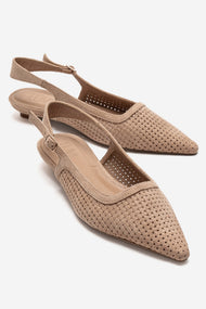 AVIVA - Beige Genuine Leather Pointed Toe Low Block Heel Pump (Women)