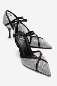 RACHEL - White And Black Genuine Leather Mesh And Satin Stone-Embellished Stiletto Pump (Women)