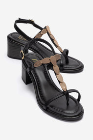 SERONA - Black Genuine Leather Buckled Block Heel Sandal (Women)