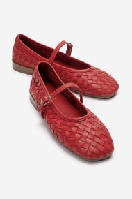 Yevora - Red Genuine Leather Woven Mary Jane Flat (Women)