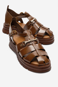 RIELA - Cognac Genuine Leather Buckled Sandal (Women)