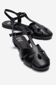 NATHALIE - Black Genuine Leather Ankle-Strap Flat Sandal (Women)
