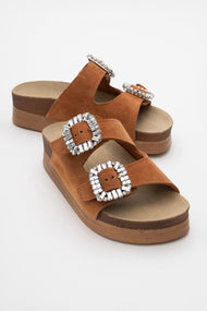 Polacca - Cognac Brown Suede Leather Slide Sandal (Women)