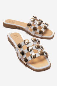 Bareon - White Genuine Leather Buckled Band Slide (Women)