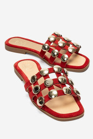 BAREON - Red Genuine Leather Slide With Gold Buckle (Women)