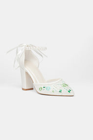 Lorraine - Ivory With Green Flowers Pearl Strap Wedding Shoes