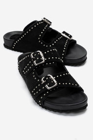 AVENELLE - Black Suede Genuine Leather Double-Band Studded Slide (Women)