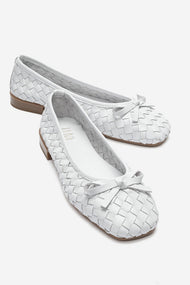 Garen - White Genuine Leather Woven Bow Ballerina Flat (Women)