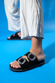 Dungeon - Black Knit Double Strap Stone Buckle Slide (Women)