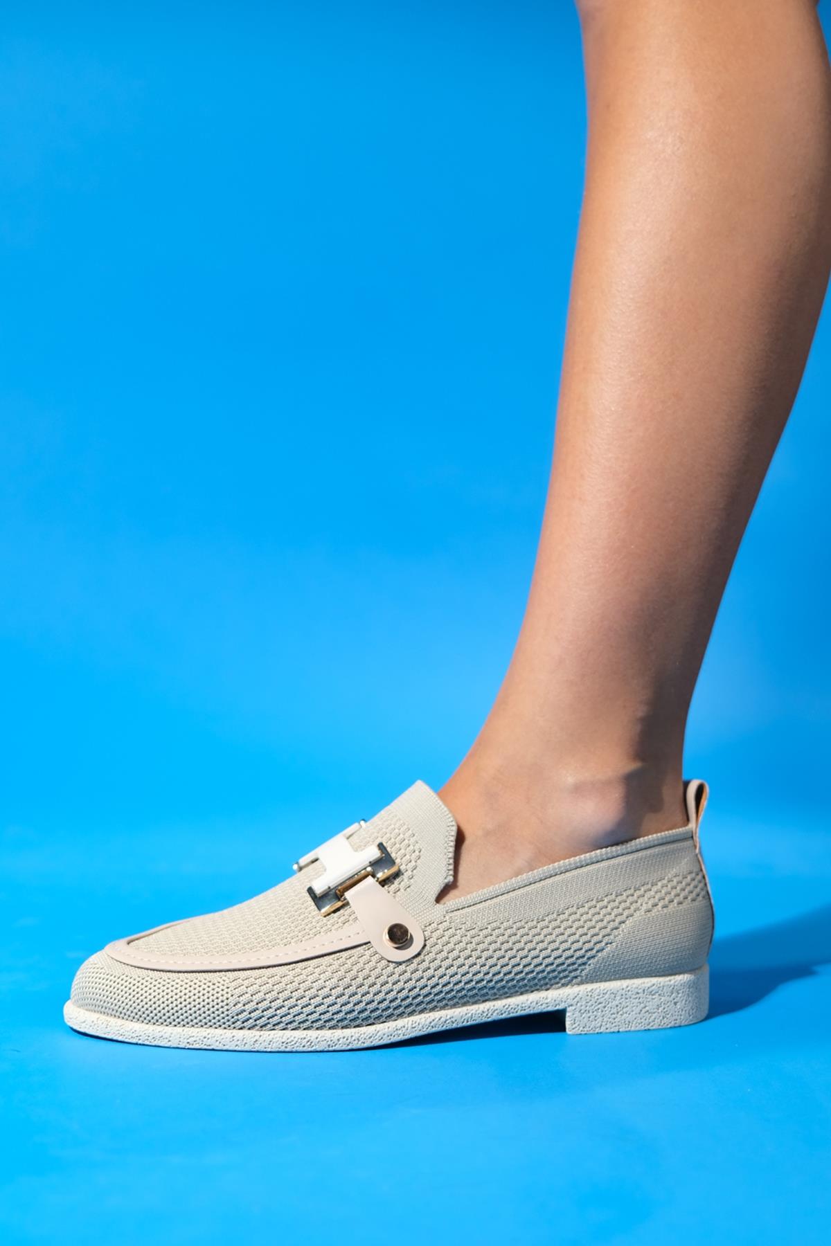 Michigan - Beige Knit Buckle Loafer Shoe (Women)