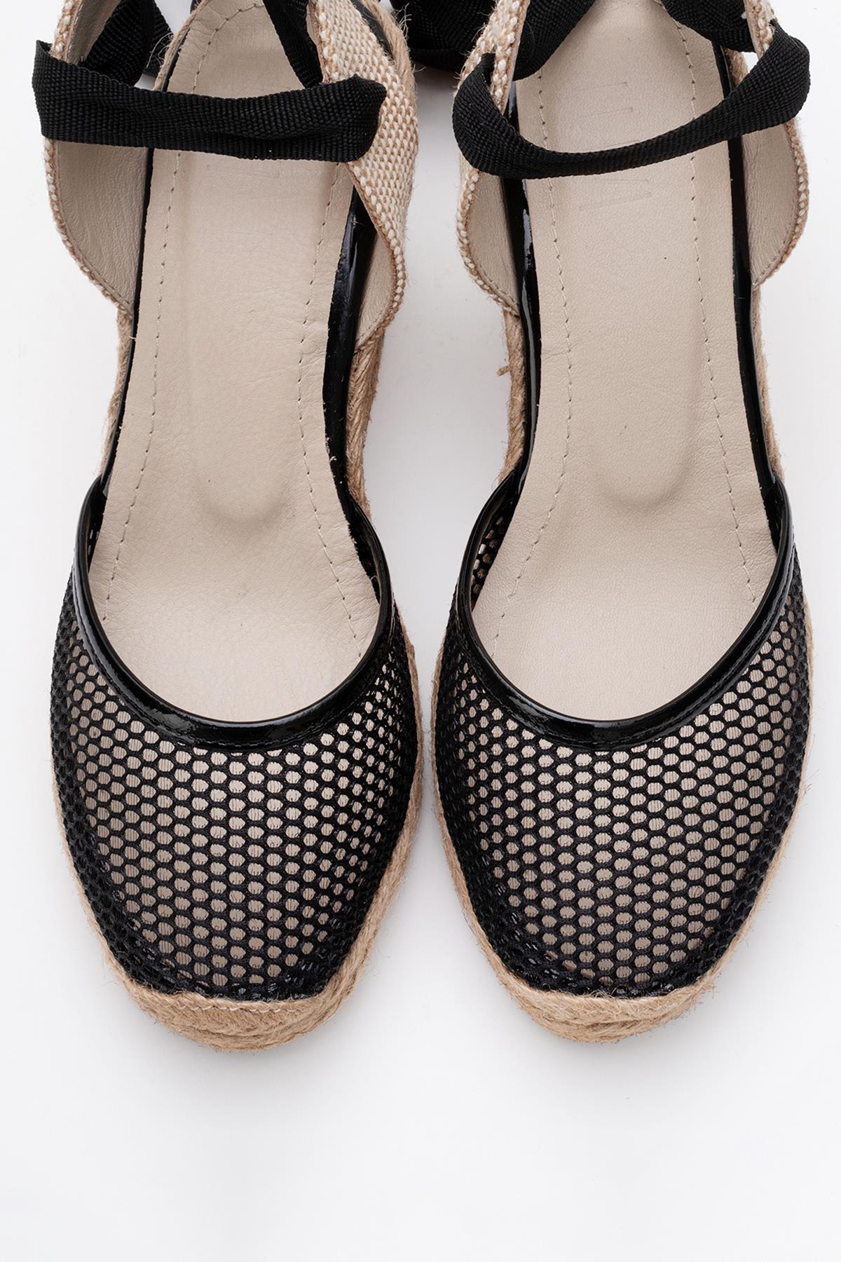 Lions - Black Mesh Leather Wedge Espadrilles Sandal (Women)