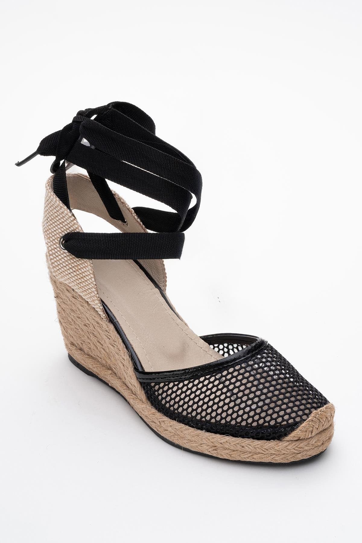 Lions - Black Mesh Leather Wedge Espadrilles Sandal (Women)