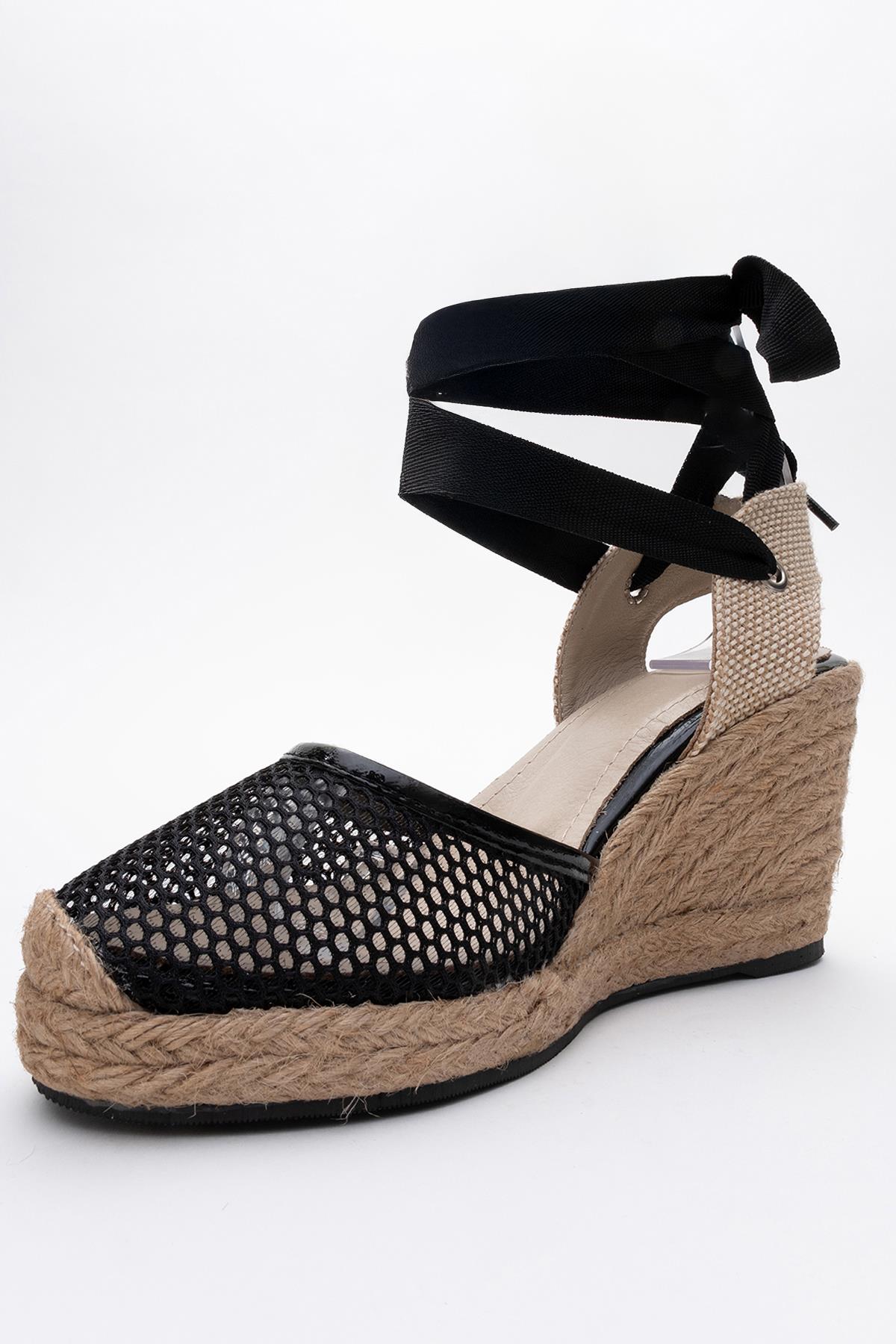Lions - Black Mesh Leather Wedge Espadrilles Sandal (Women)