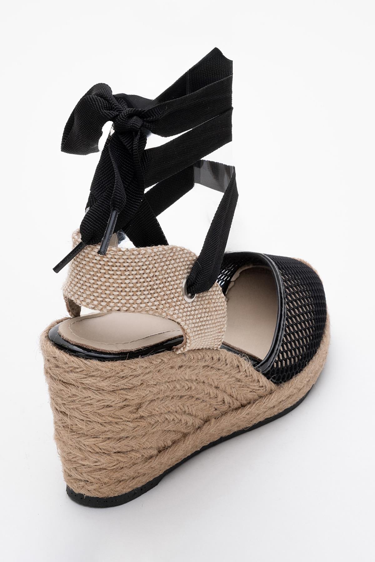 Lions - Black Mesh Leather Wedge Espadrilles Sandal (Women)