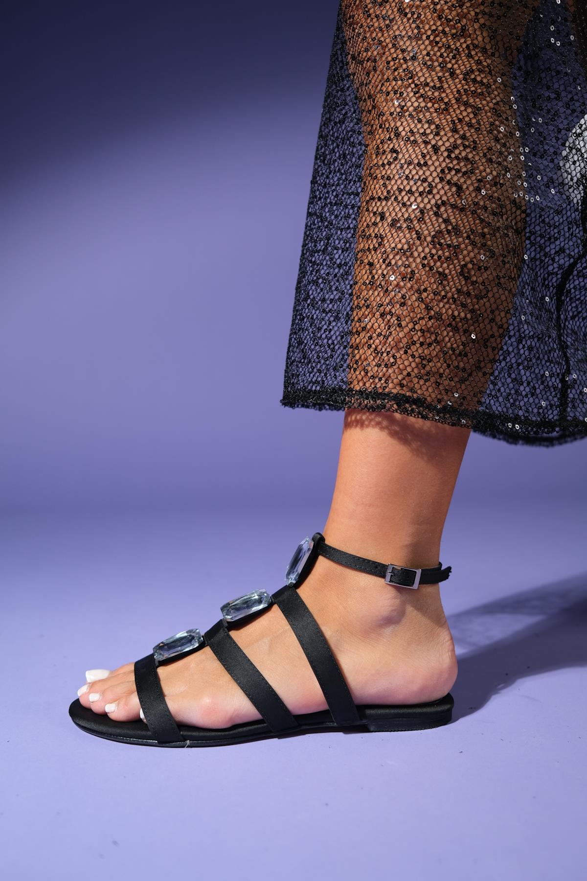 Never - Black Satin Embellished Sandal (Women)