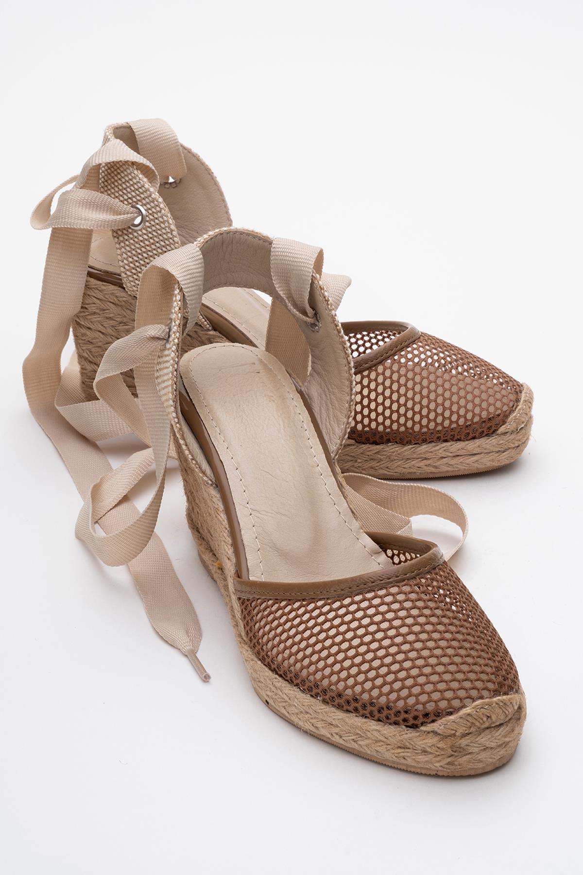 Lions - Cognac Brown Mesh Leather Wedge Espadrilles Sandal (Women)