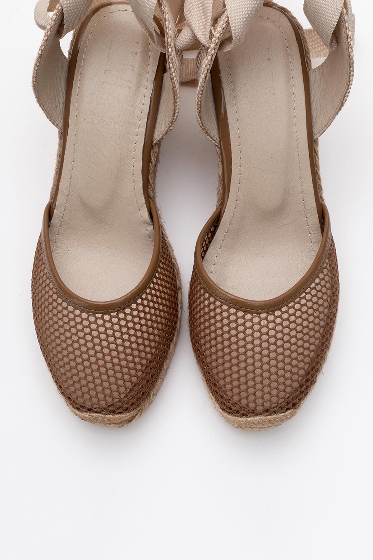 Lions - Cognac Brown Mesh Leather Wedge Espadrilles Sandal (Women)