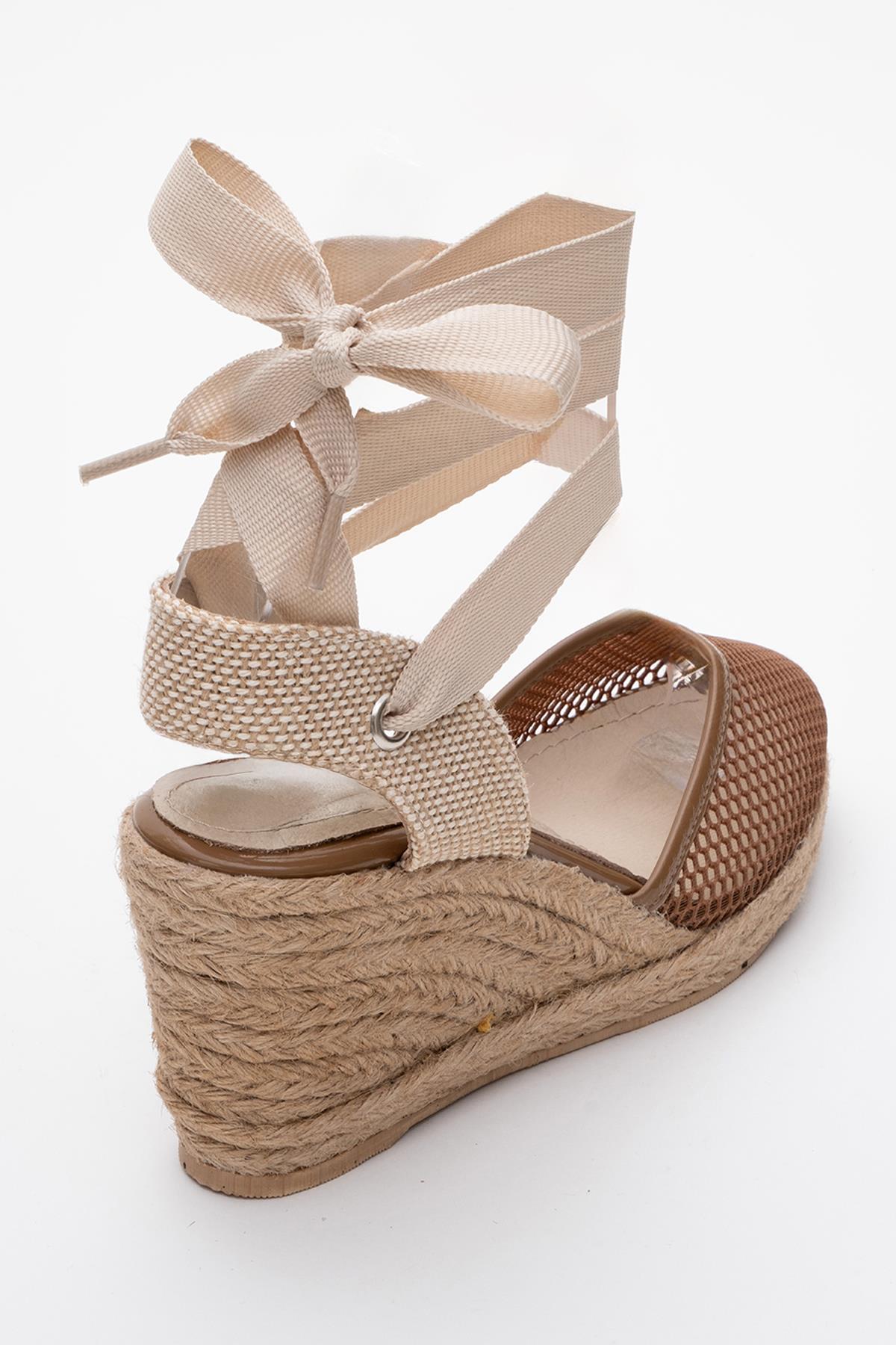 Lions - Cognac Brown Mesh Leather Wedge Espadrilles Sandal (Women)