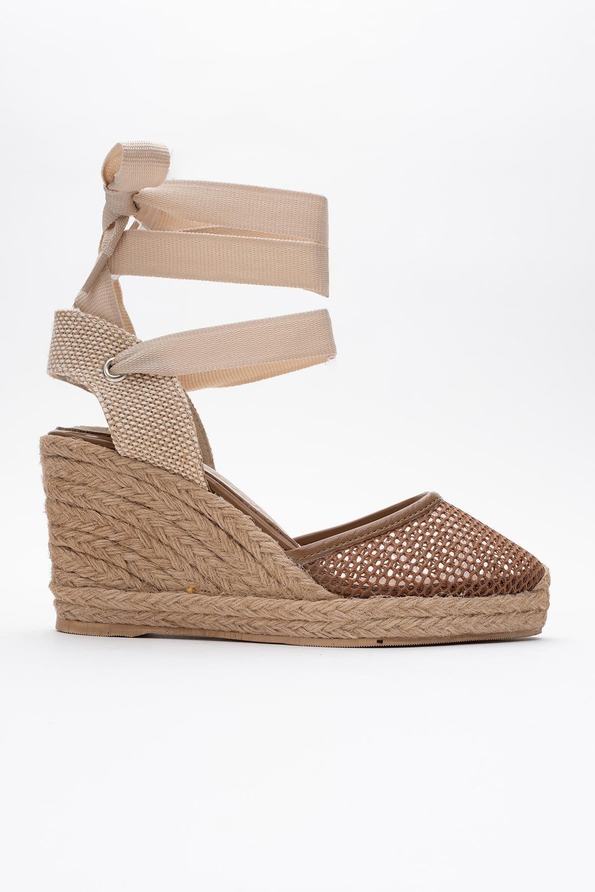 Lions - Cognac Brown Mesh Leather Wedge Espadrilles Sandal (Women)
