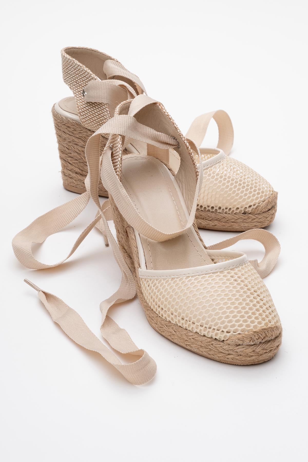 Lions - Beige Mesh Leather Wedge Espadrilles Sandal (Women)