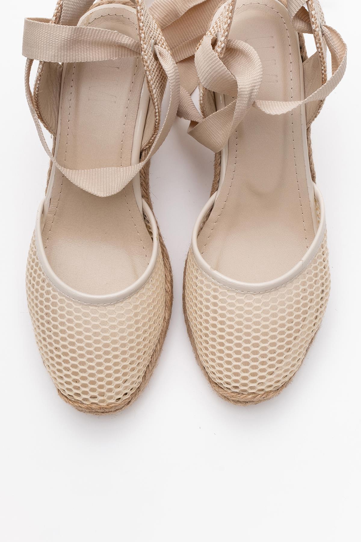 Lions - Beige Mesh Leather Wedge Espadrilles Sandal (Women)