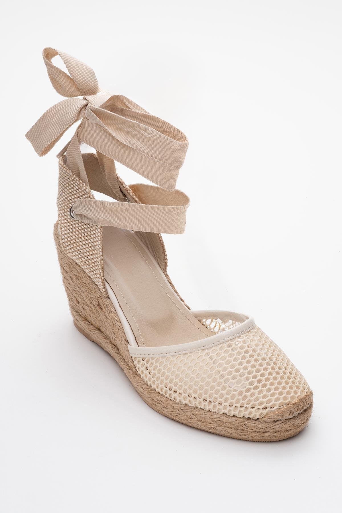 Lions - Beige Mesh Leather Wedge Espadrilles Sandal (Women)