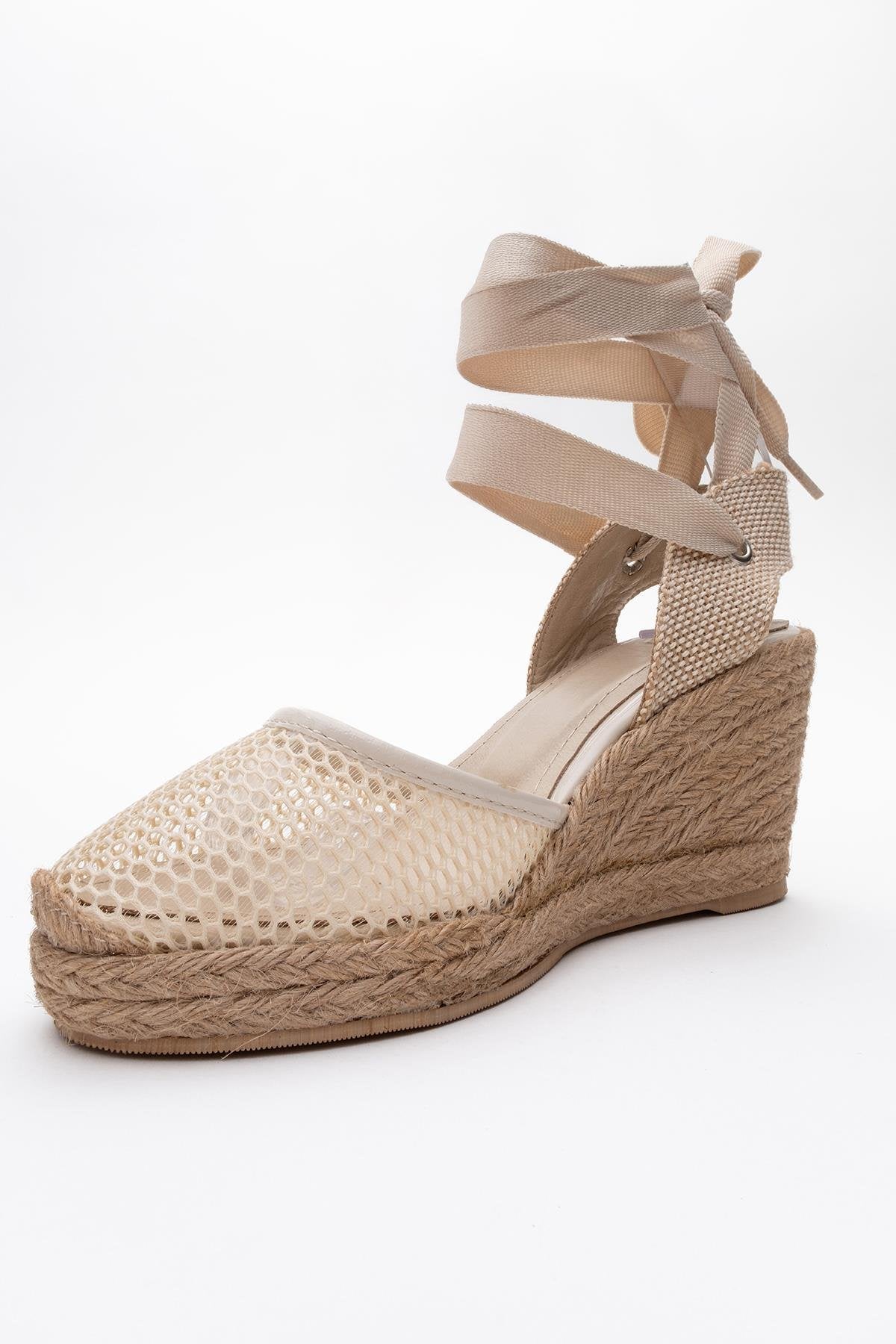 Lions - Beige Mesh Leather Wedge Espadrilles Sandal (Women)