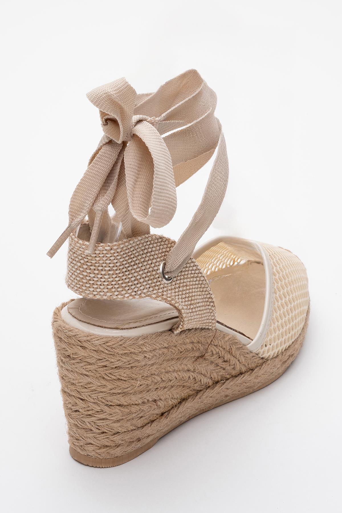 Lions - Beige Mesh Leather Wedge Espadrilles Sandal (Women)