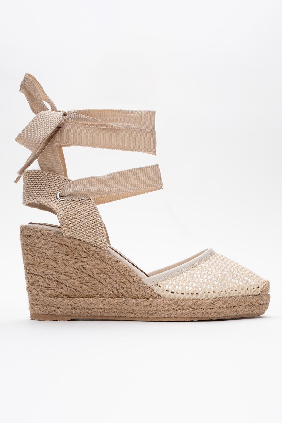 Lions - Beige Mesh Leather Wedge Espadrilles Sandal (Women)