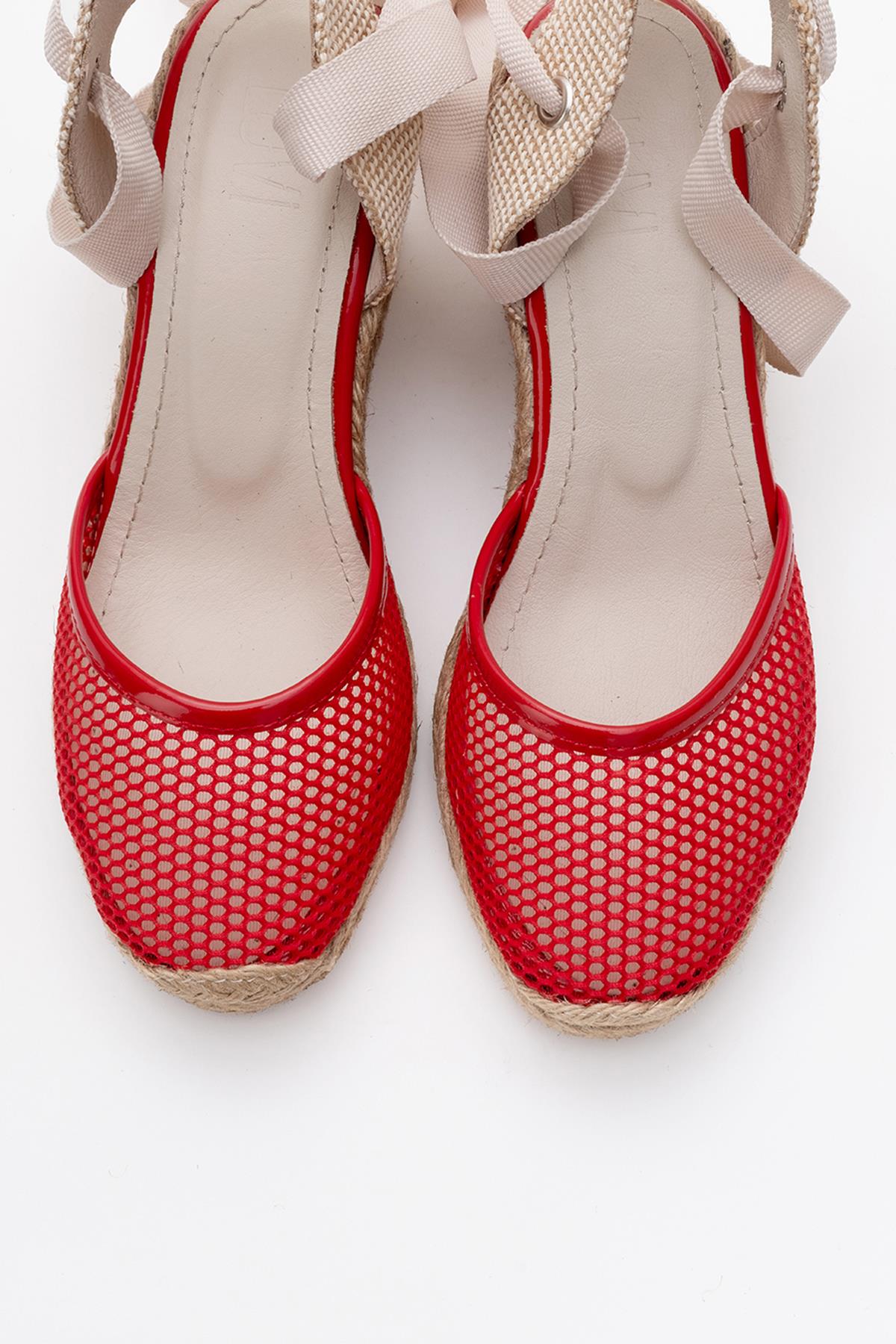 Lions - Red Mesh Leather Wedge Espadrilles Sandal (Women)