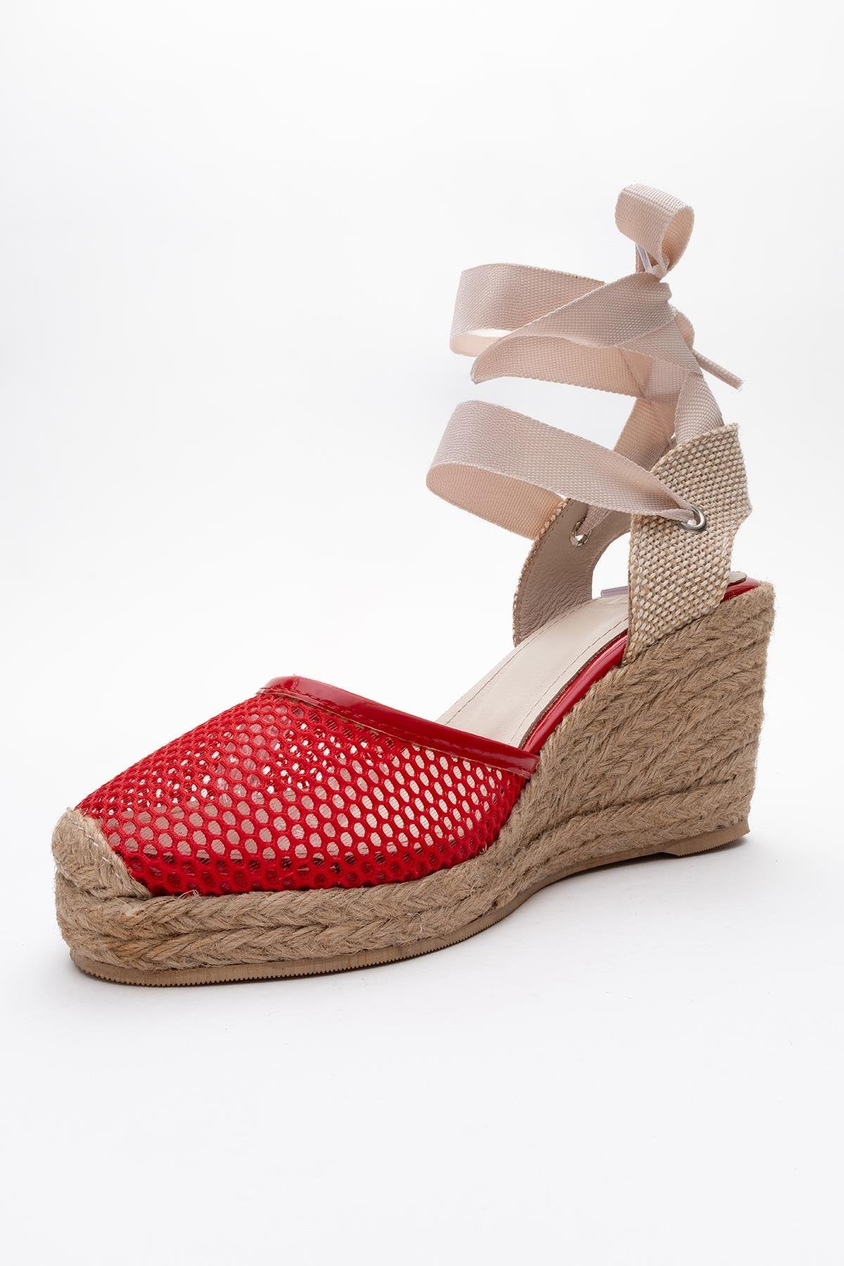 Lions - Red Mesh Leather Wedge Espadrilles Sandal (Women)