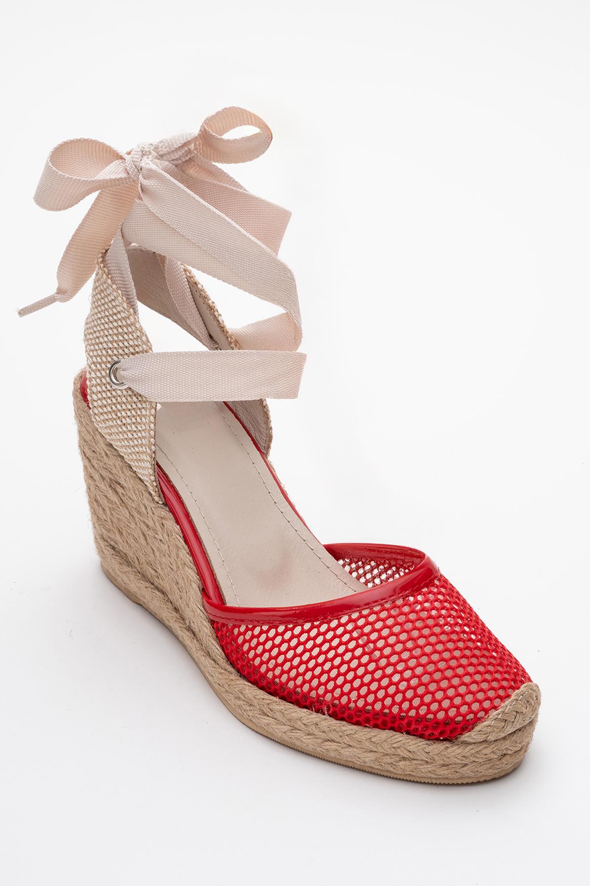 Lions - Red Mesh Leather Wedge Espadrilles Sandal (Women)
