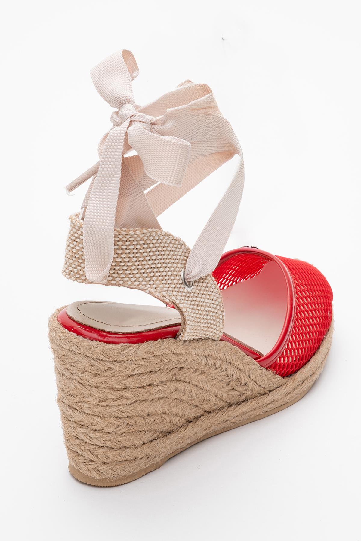 Lions - Red Mesh Leather Wedge Espadrilles Sandal (Women)