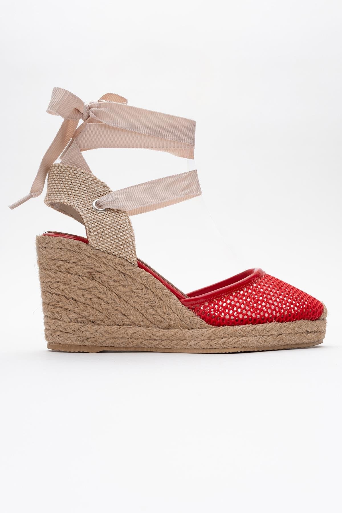 Lions - Red Mesh Leather Wedge Espadrilles Sandal (Women)