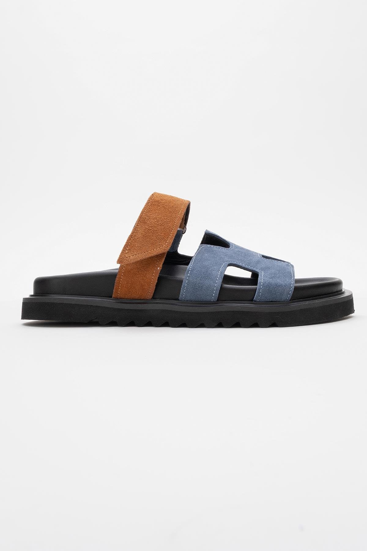 Morte - Navy Cognac Suede Leather Slide Sandal (Women)
