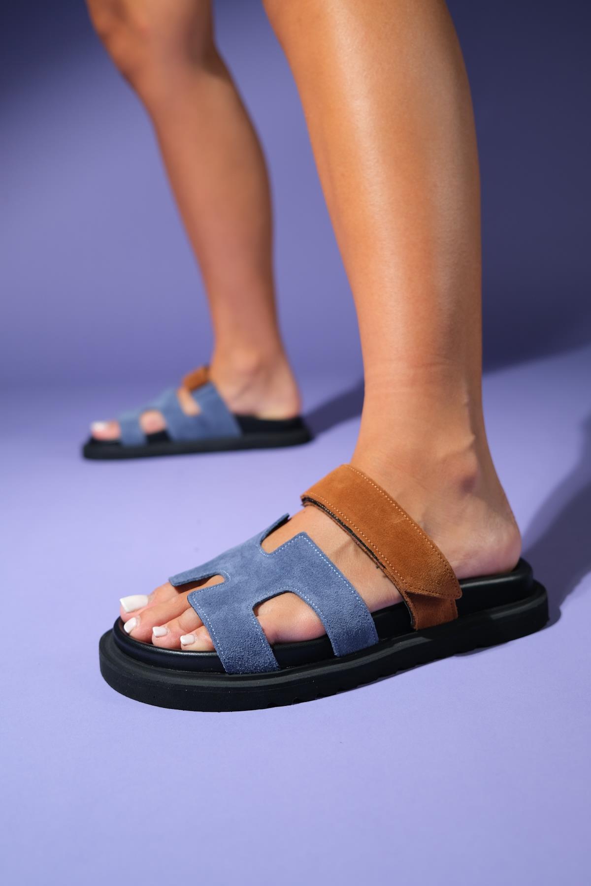 Morte - Navy Cognac Suede Leather Slide Sandal (Women)