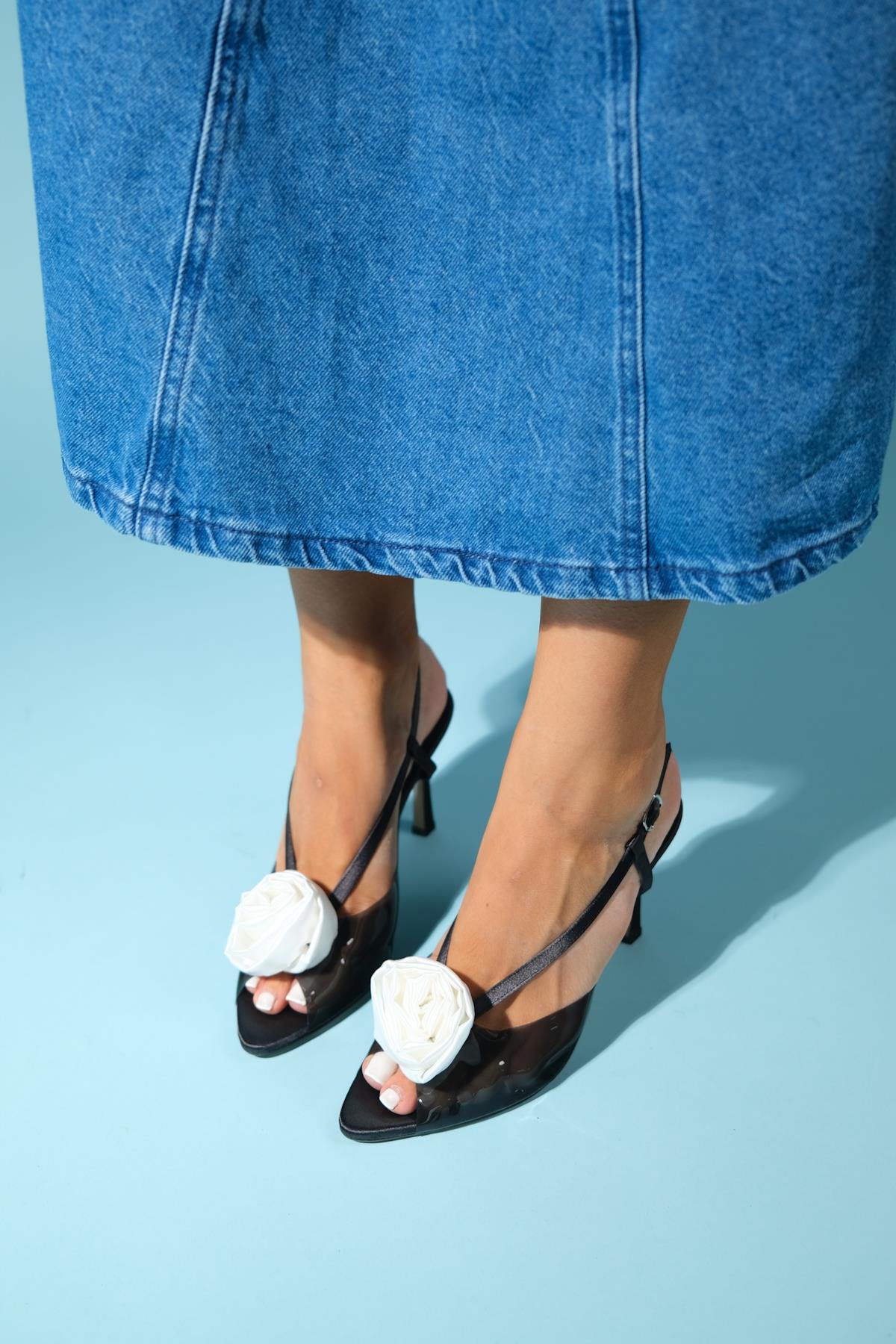 Aisne - Black Floral Transparent Thin Heel Shoe (Women)